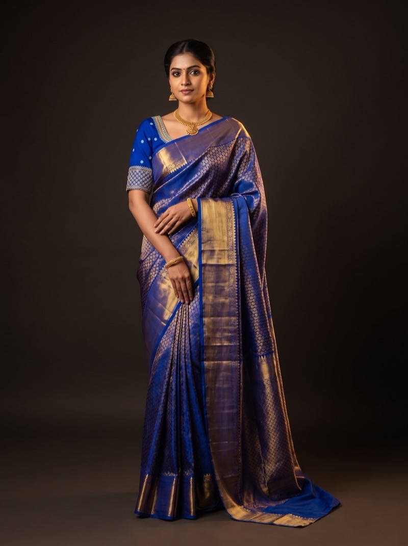 Full-length view of a model in a royal blue and gold kanjivaram saree with a beaded cobalt blouse.