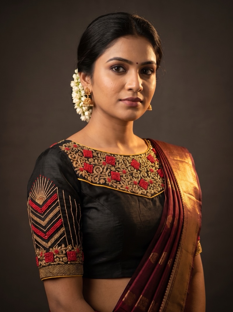 Front view of a black silk blouse with gold zardosi scrollwork and clustered red beadwork across the neckline and yoke.