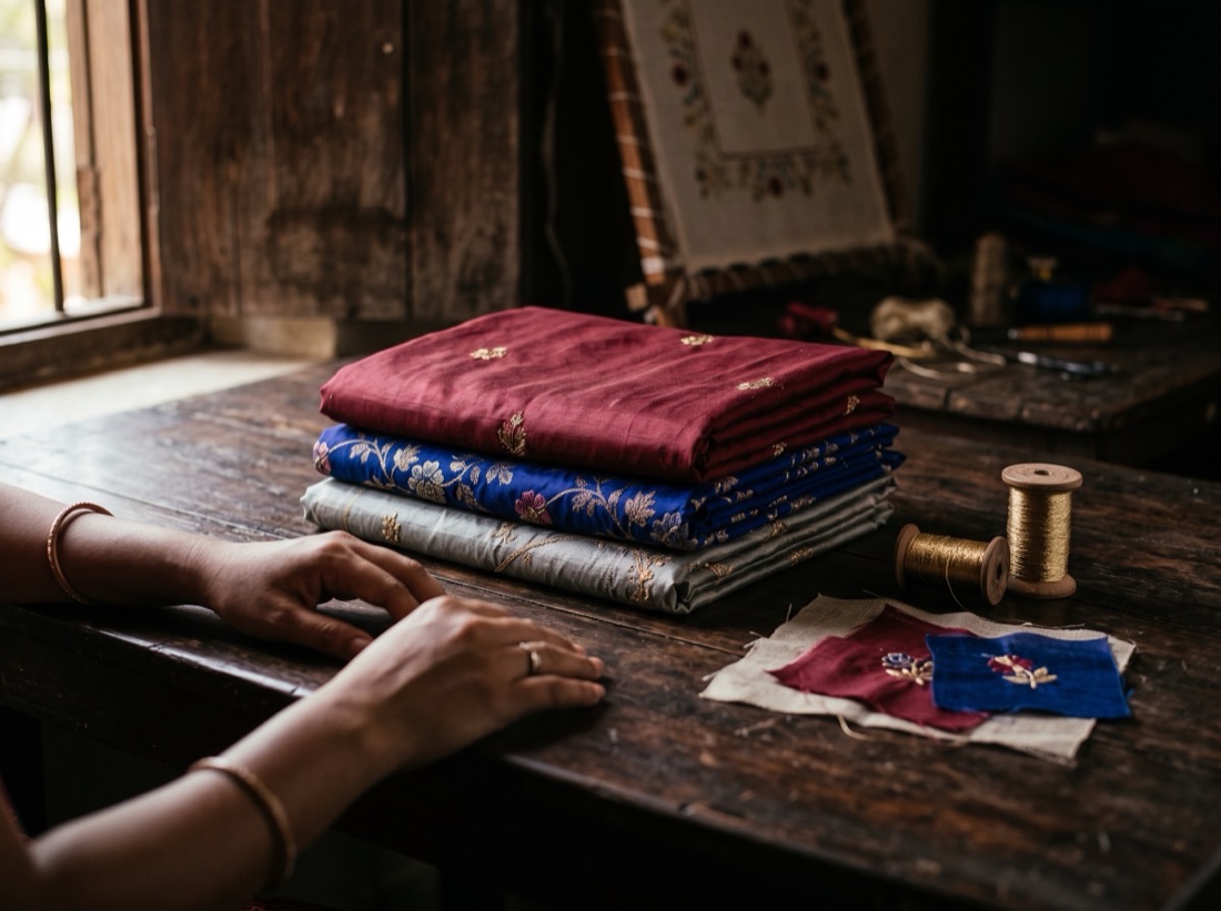 Folded silk sarees in maroon, blue and silver stacked on a dark table with gold zari thread and fabric swatches.