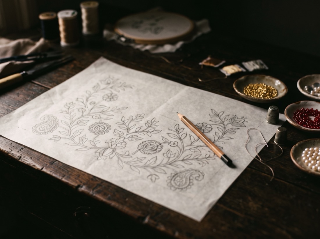 A floral embroidery motif drawn in pencil on tracing paper, with small dishes of gold beads, red beads and pearls beside it.