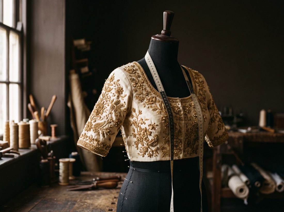 An embroidered silk blouse pinned onto a black dress form with steel pins along the side seam and a measuring tape hanging from the neck.