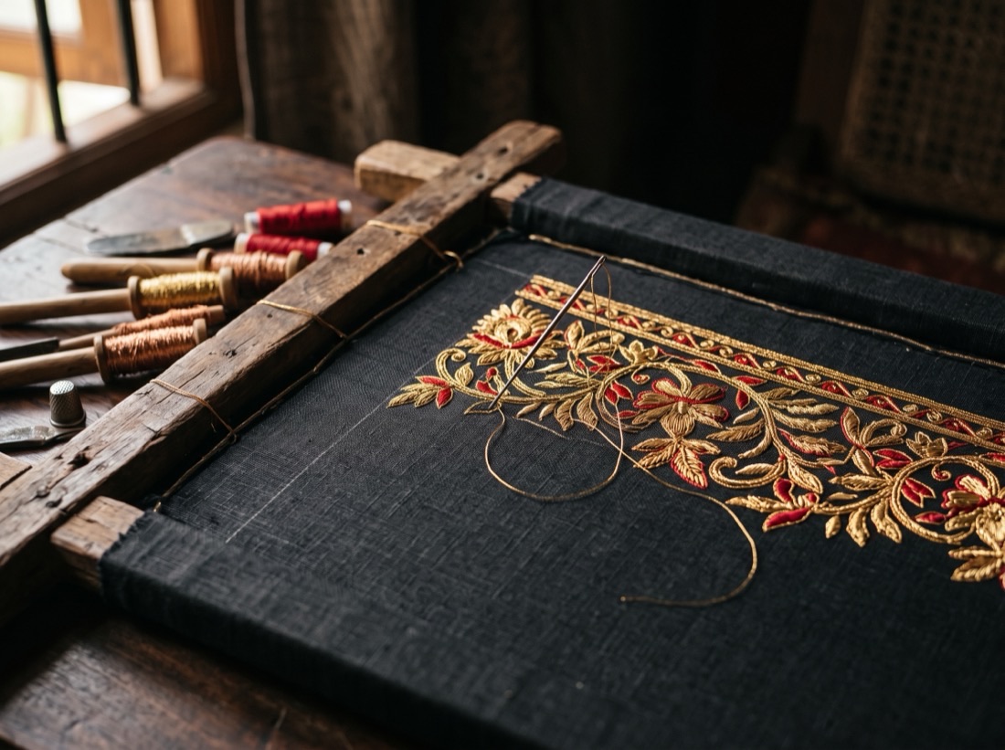 An aari embroidery frame: fabric stretched taut over wood, a partially completed gold and red floral design, and a fine hooked needle resting mid-work.