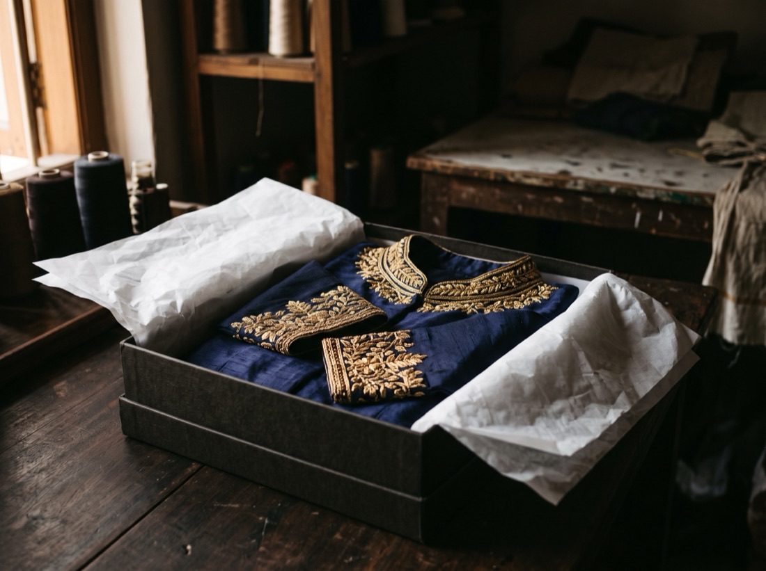 A finished embroidered silk blouse folded in white tissue paper inside a dark box, gold threadwork catching the light.