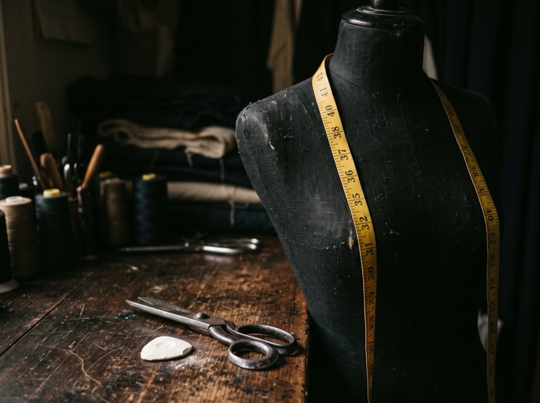 A yellow measuring tape draped over the shoulder of a black tailor's dress form, with chalk and shears below.